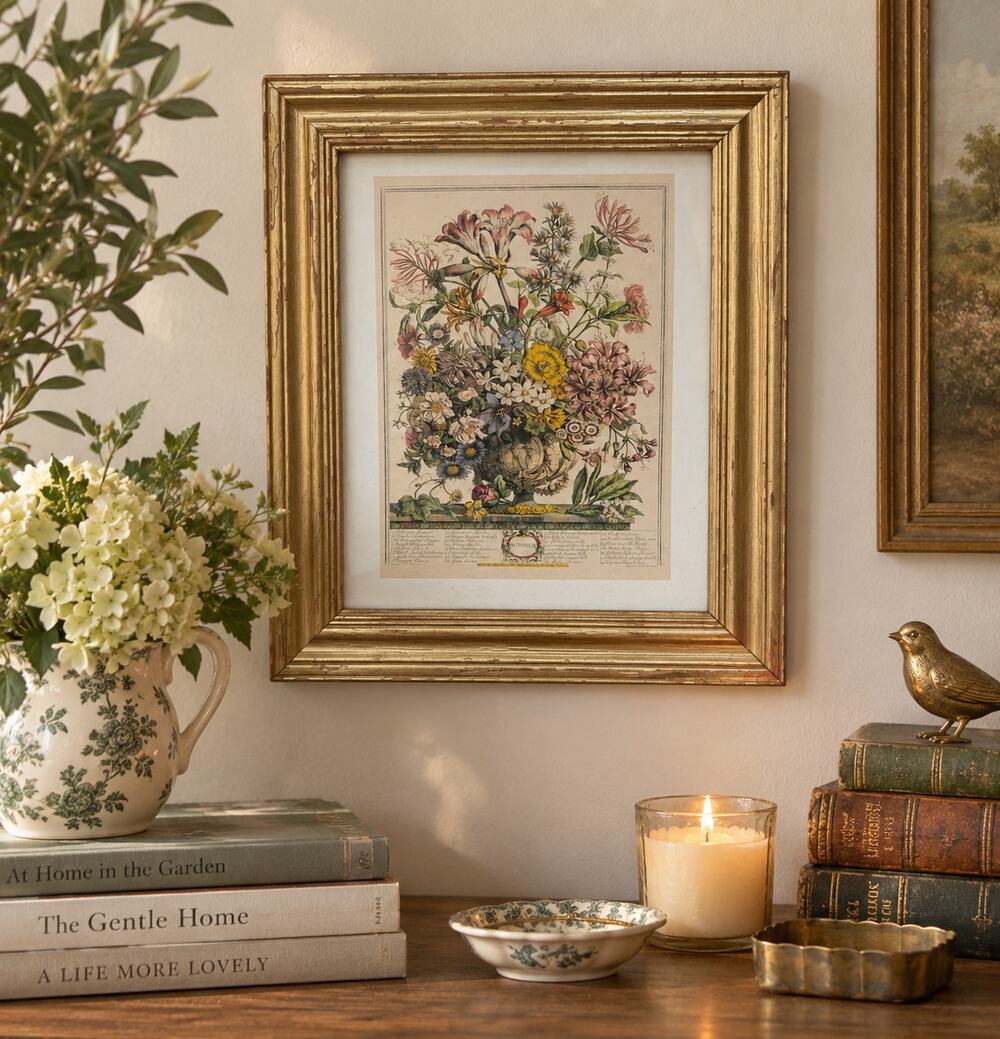 Vintage Robert Furber October Botanical Print Gold Frame Cottagecore Wall Art